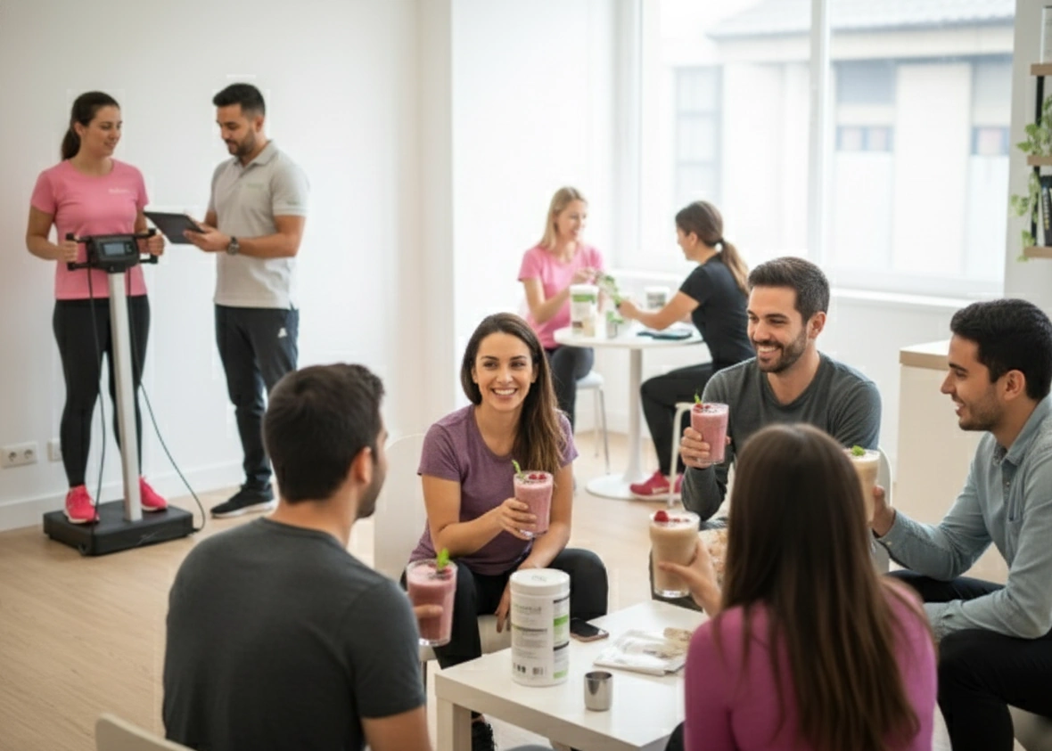 Interior de um Clube de Nutrição Herbalife moderno e aconchegante, ideal para empreendedorismo de bem-estar e socialização