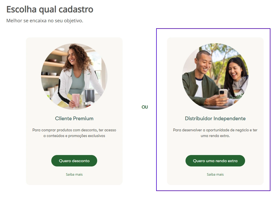 Escolha de cadastro