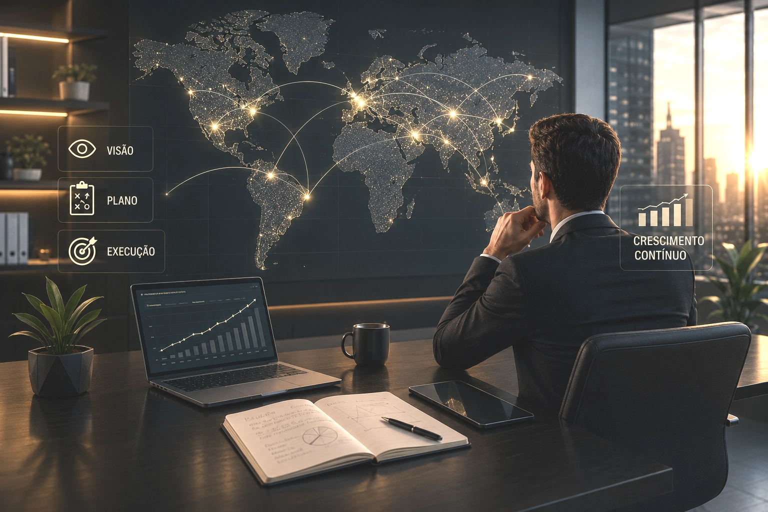 Líder de marketing multinível analisando gráficos de expansão global e tecnologia