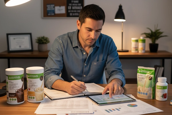 Distribuidor Herbalife analisando plano de ganhos e metas