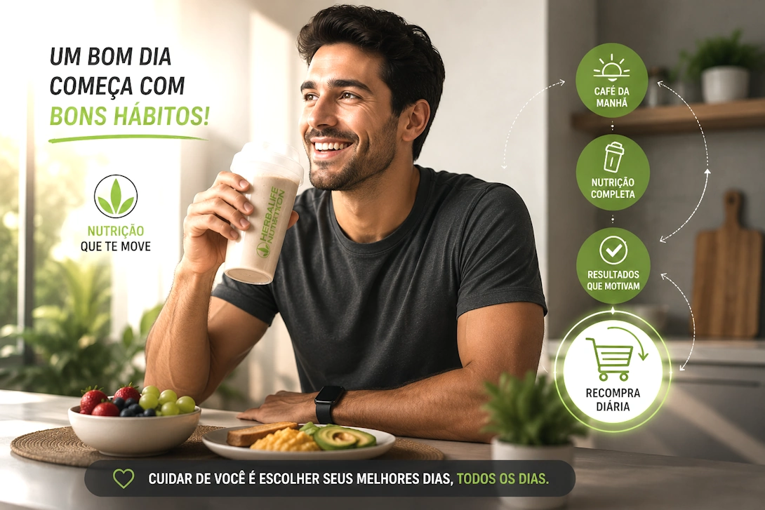 Cliente satisfeito consumindo shake herbalife no café da manhã